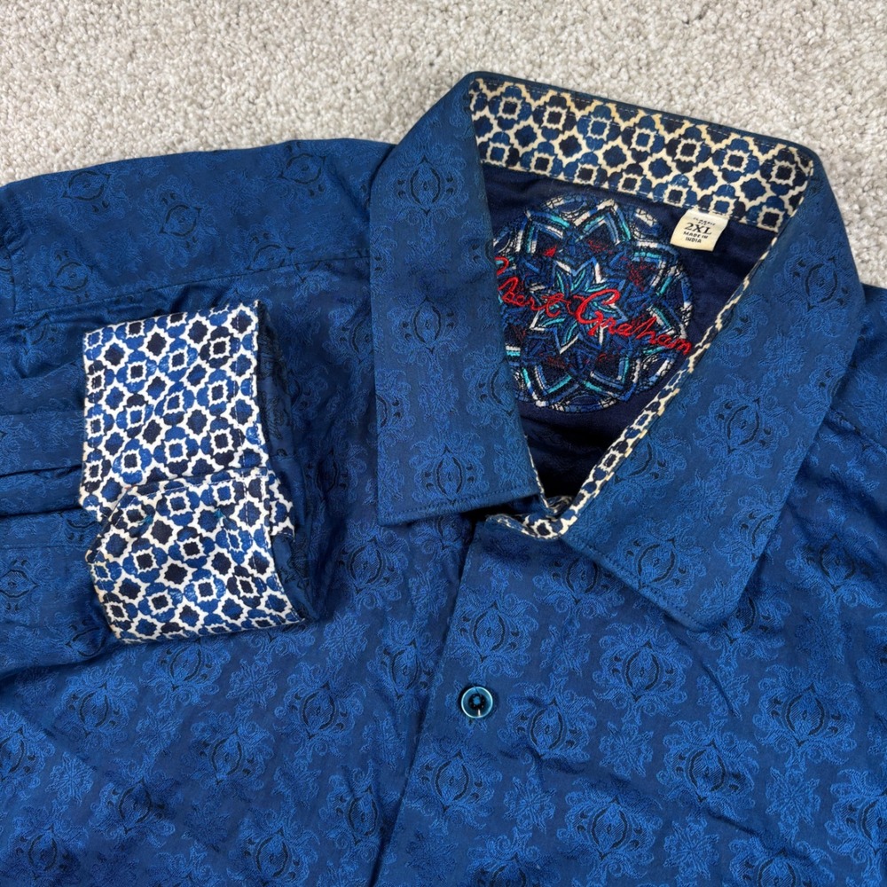 Robert Graham Button Down Shirt Mens 2XL Blue Jacquard Long Sleeve Classic Fit